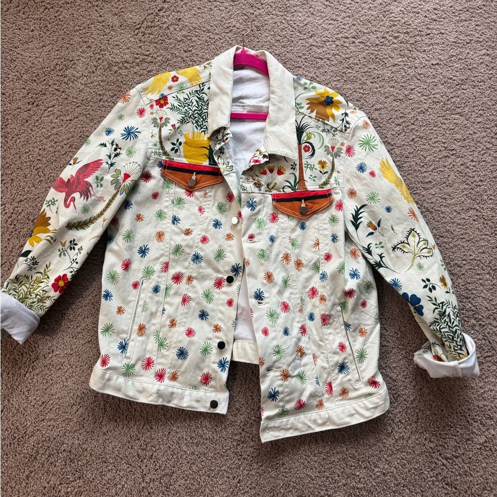 Cream Floral Embroidered Denim Jacket